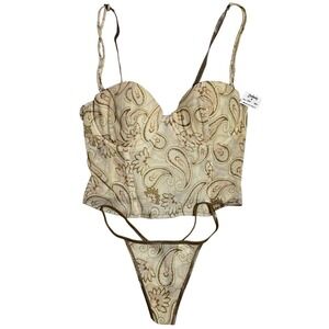 Y2K Native Intimates Beige Paisley Mesh Sheer Corset Bustier Thong Set 34C M NEW